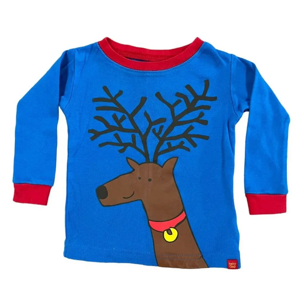 Baby Gap 6-12m Blue Reindeer Christmas Pajamas